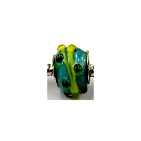Pandorastyle kraal aqua gele streep en groene punt