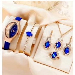 Horloge (quartz) en sieraden set ovaal goudblauw