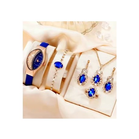 Horloge (quartz) en sieraden set ovaal goudblauw