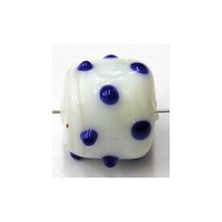 glaskraal ton 14x14mm wit blauwe stippen p.st
