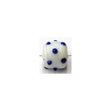 glaskraal ton 14x14mm wit blauwe stippen p.st