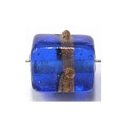 glaskraal kubus 13x10mm blauw goudband 2st