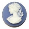 Camee 20mm rond blauw/witvrouwenhoofd per stuk